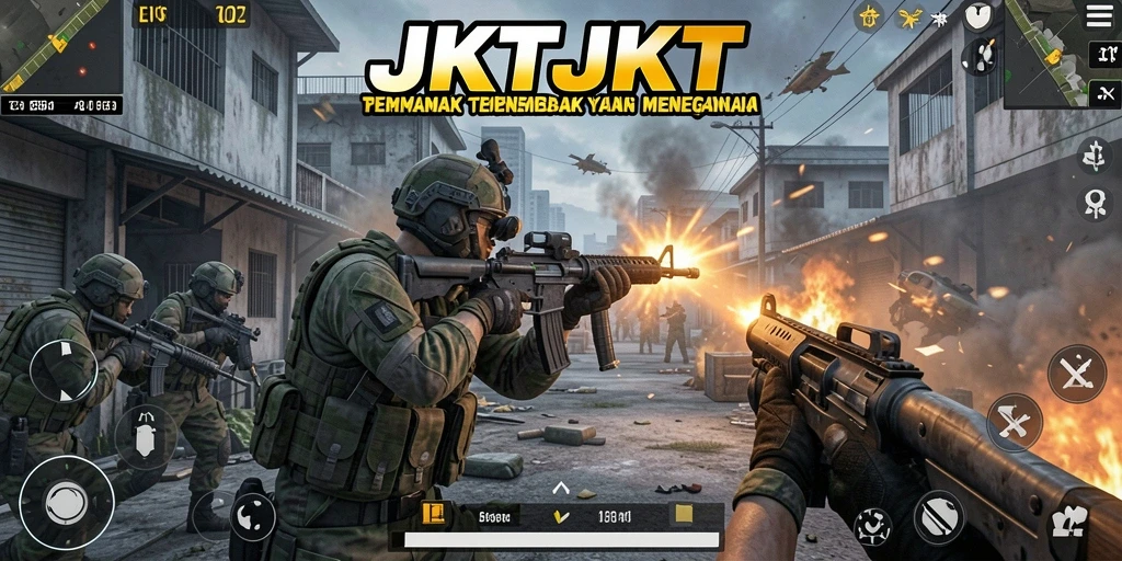 Tangkapan layar gameplay JKTJKT dengan aksi tembak-menembak yang mendebarkan.