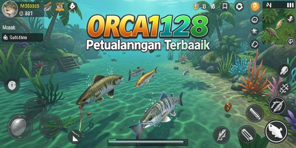 Screenshot gameplay ORCA128 menampilkan pemain yang menangkap ikan di laut yang indah.