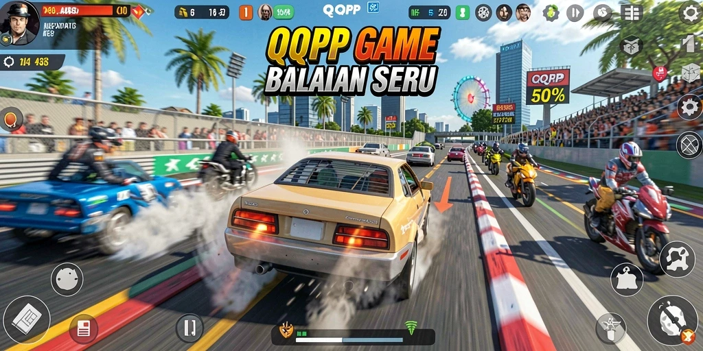 Tampilan gameplay balapan seru dengan mobil dan trek menantang.