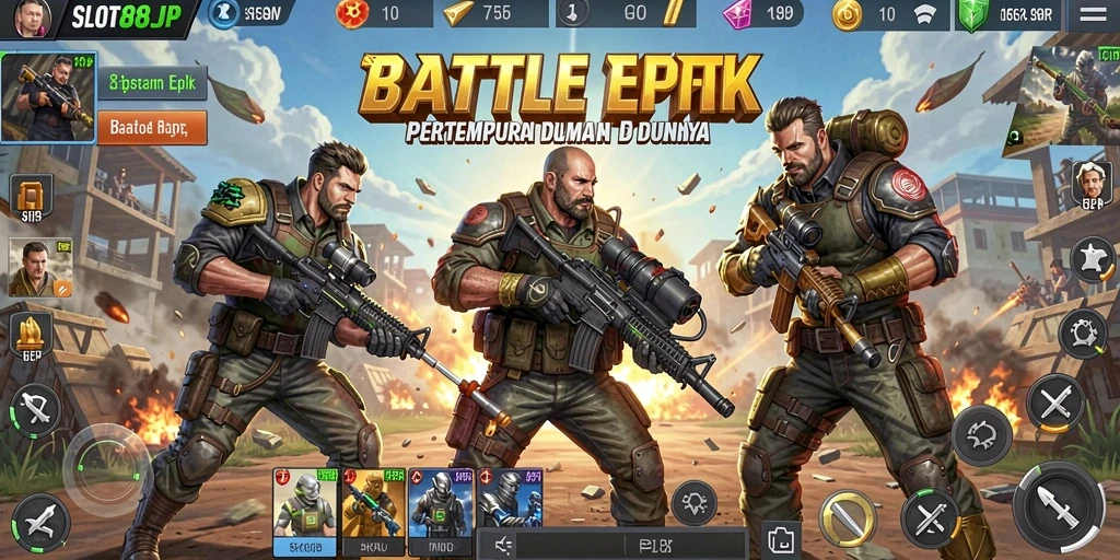 Tangkapan layar utama permainan SLOT88JP yang menampilkan aksi pertempuran yang seru.