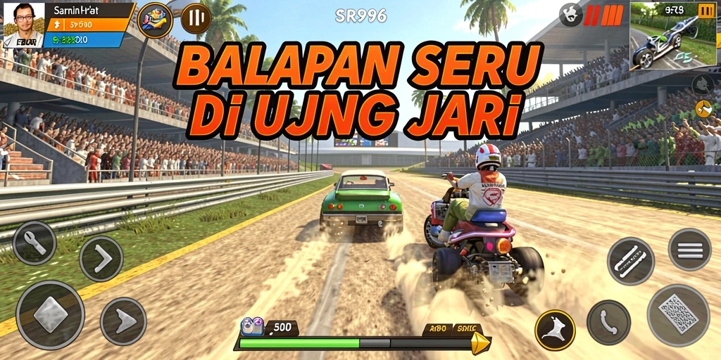 Screenshot utama SR996 menampilkan aksi balapan yang seru dan mendebarkan.