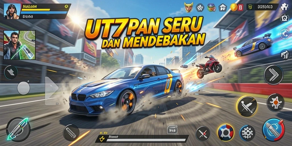 Gameplay UT77 yang mendebarkan dengan mobil balap cepat di trek menantang.