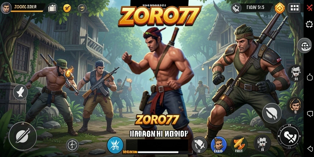 Tangkapan layar ZORO77 yang menunjukkan interaksi karakter dalam gameplay.